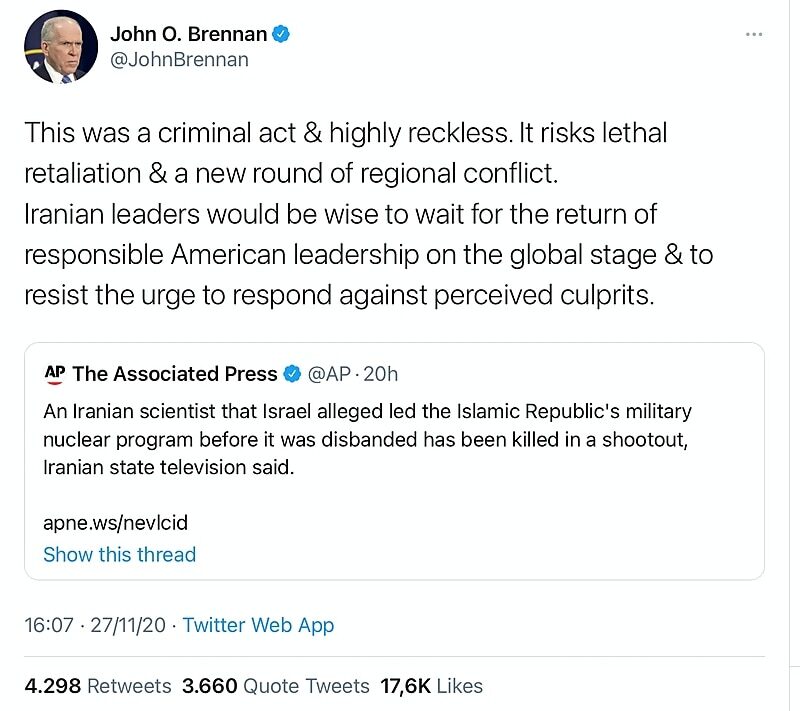john brennan tweet israel assassination iran scientist