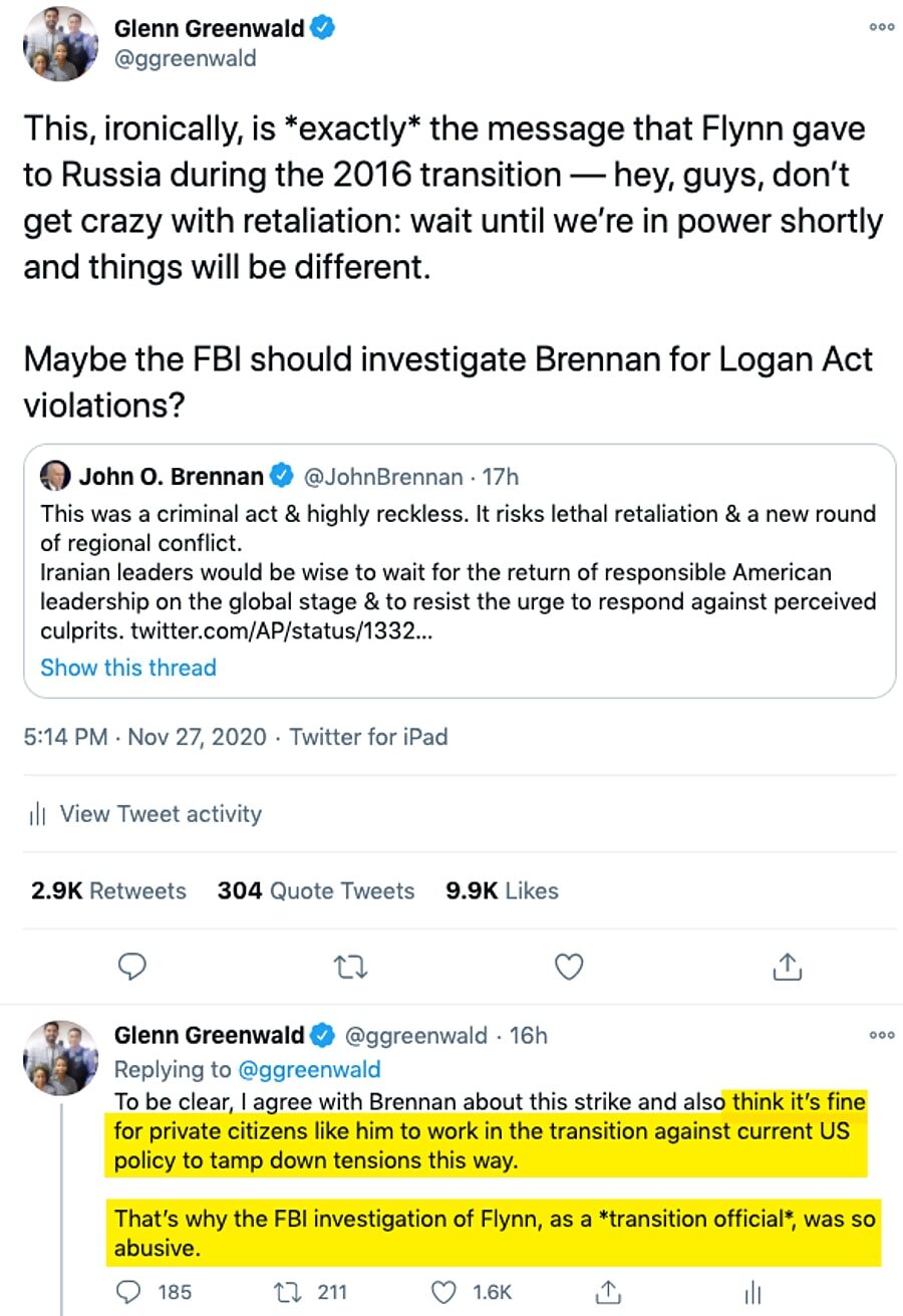 tweets brennan greenwald logan act flynn omar