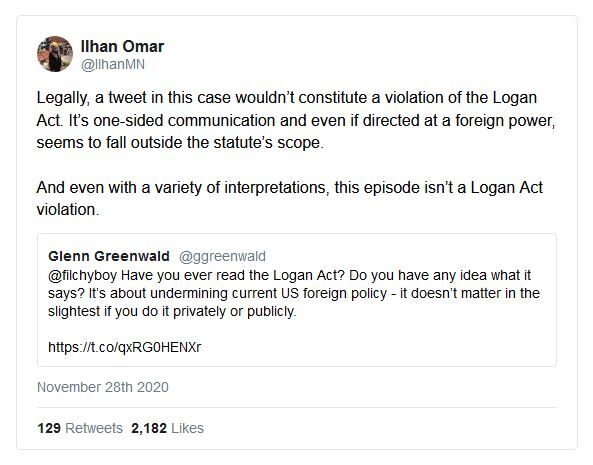 Ilhan omar tweet logan act greenwald