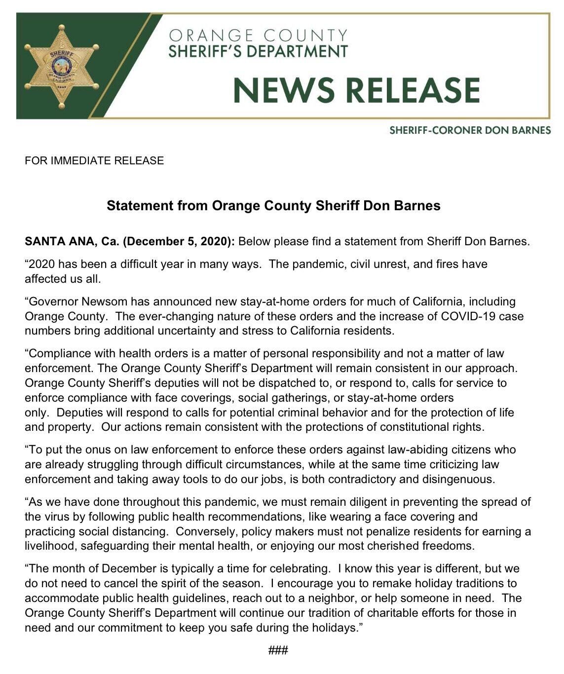 Orange County Sheriff news release