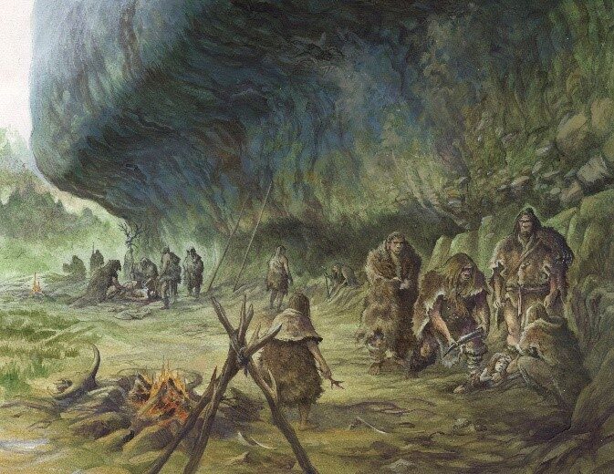 Click to enlarge Reconstruction of the child's burial by Neandertals at La Ferrassie.