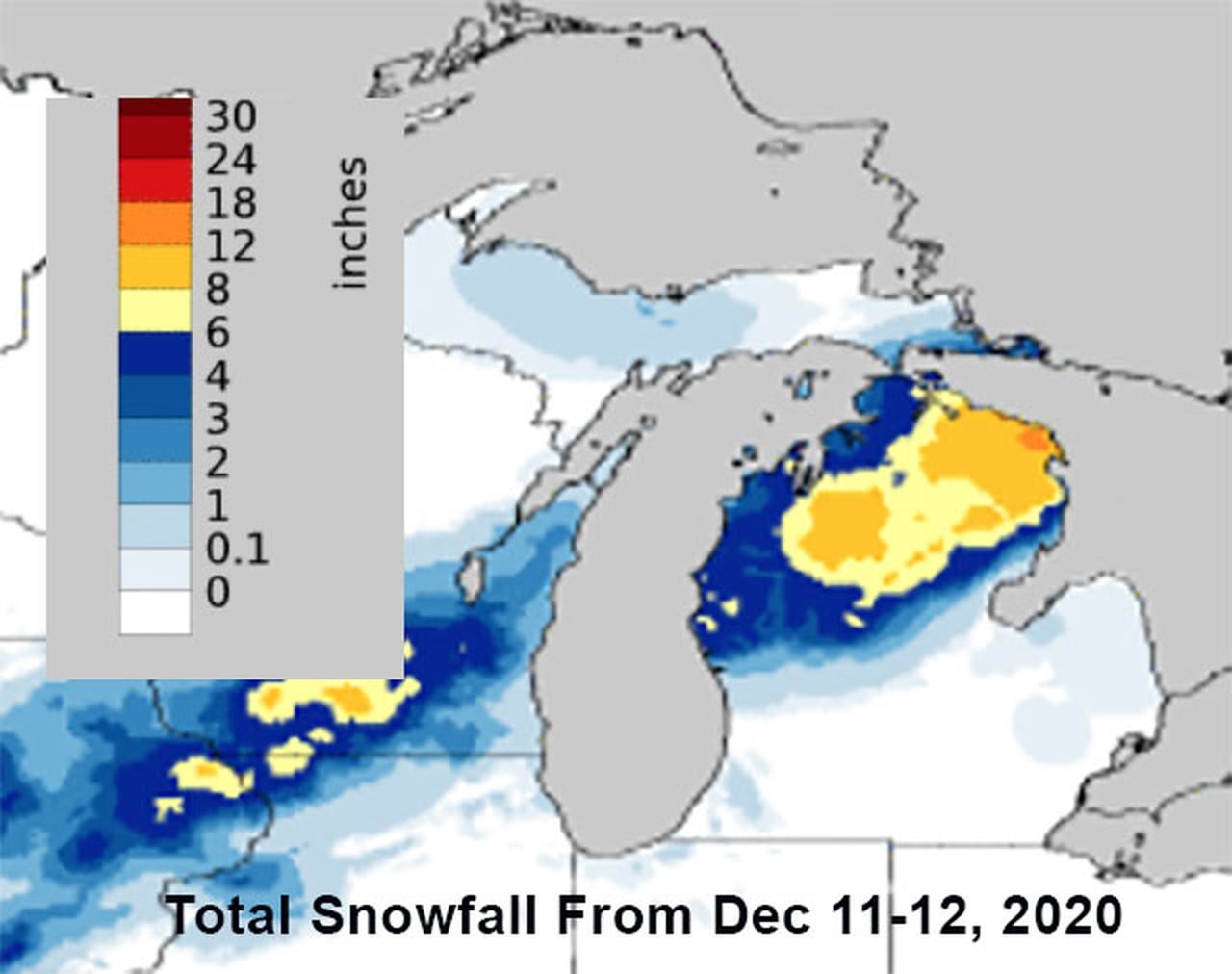Snowfall totals for December 11-12, 2020
