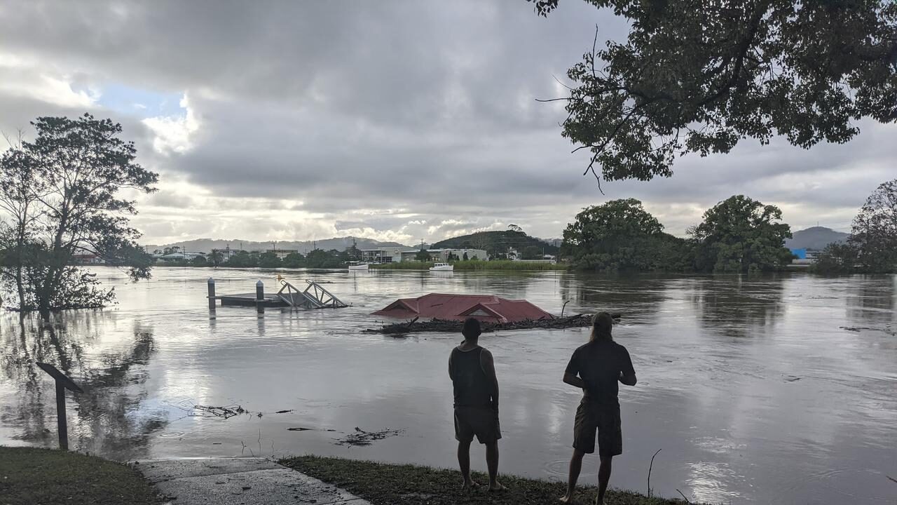 Skenners Wharf jetty underwater in Murwillumbah.