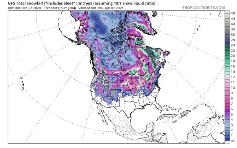 Click to enlarge North America: GFS Total Snowfall from Dec. 22