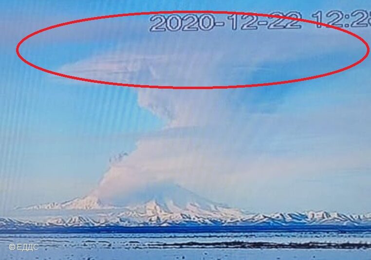 Red circle shows umbrella region formed by explosion at Sheveluch volcano today