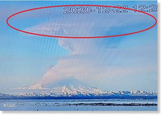 Red circle shows umbrella region formed by explosion at Sheveluch volcano today