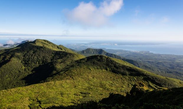 View over Guadeloupe, from the summit of La Soufriere volcano in St Vincent and Grenadines