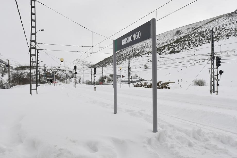 The railway station is totally covered in snow in Busdongo town in Castilla y Leon region, central-northern Spain.