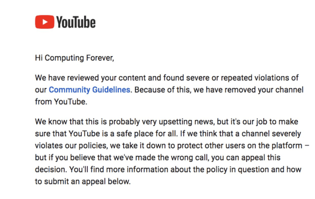 computing forever david cullen youtube ban notice