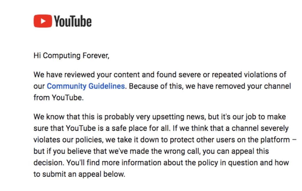 Click to enlarge computing forever david cullen youtube ban notice