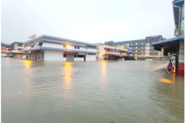 Shoplots inundated with floodwaters.