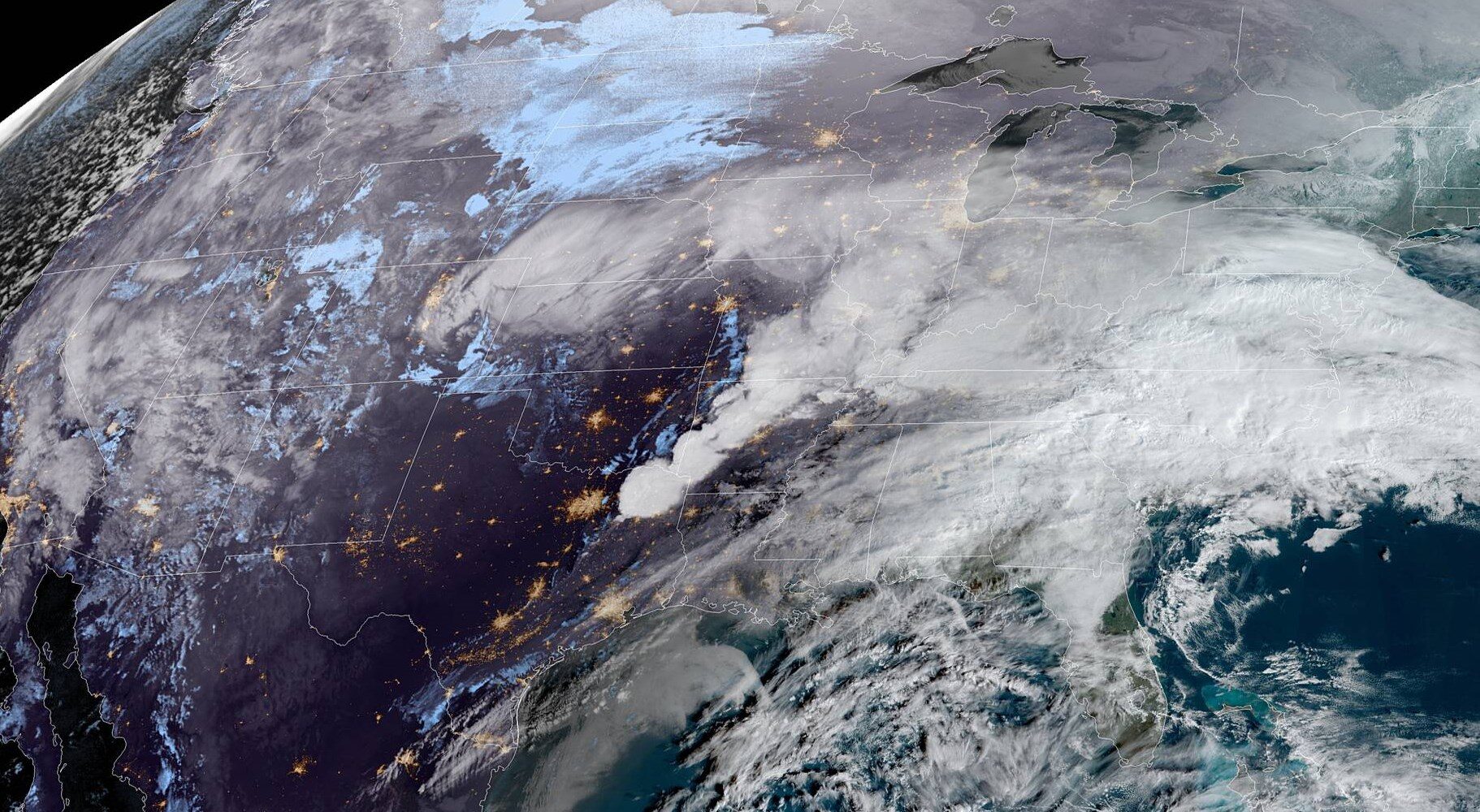 A satellite image shows weather over the United States