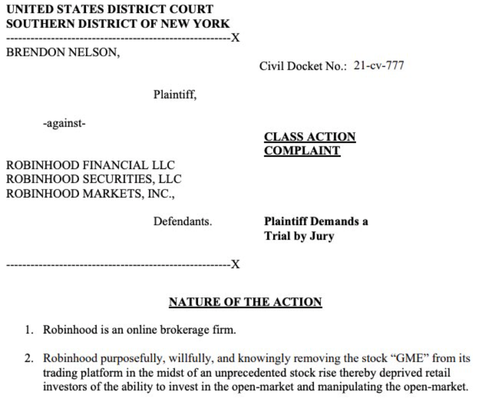 lawsuit robinhood gamestop