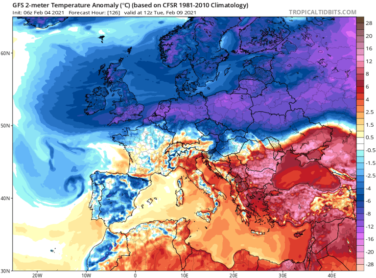 Click to enlarge GFS 2m Temp Anomalies (C) for Feb. 9.