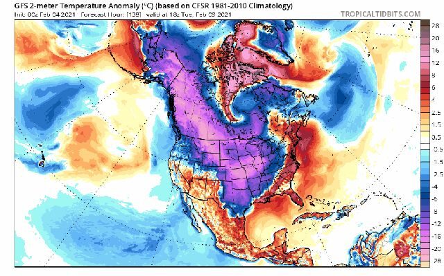 Click to enlarge GFS 2m Temp Anomalies (C) for Feb. 9 – Feb. 17.