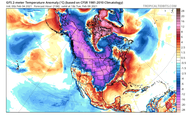 Click to enlarge GFS 2m Temp Anomalies (C) for Feb. 9.