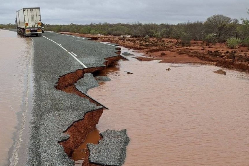 A truck trapped on an island in floods on the North West Coastal Highway, north of Carnarvon.