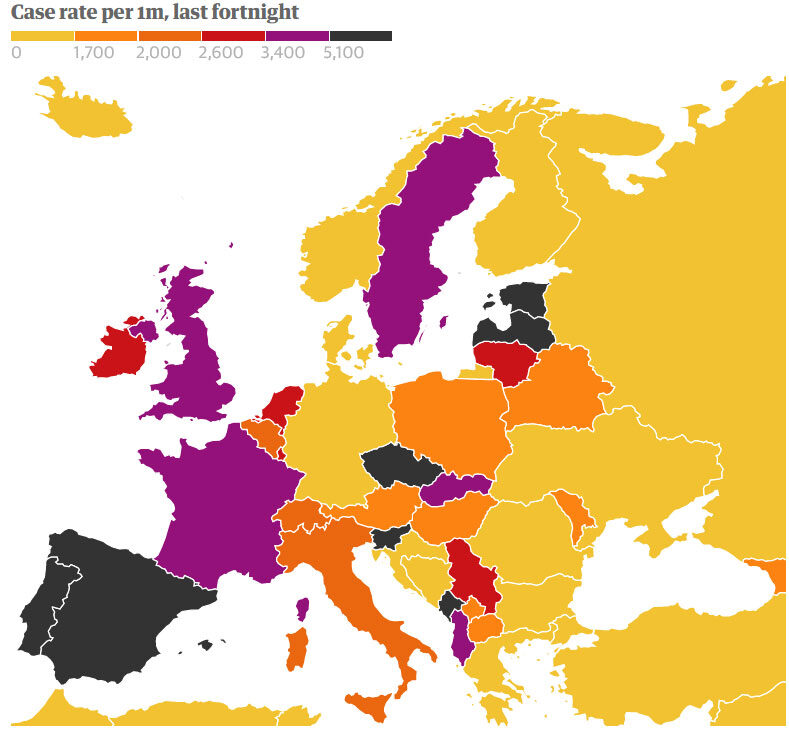 Click to enlarge Map of Case rate per 1m, last fortnight