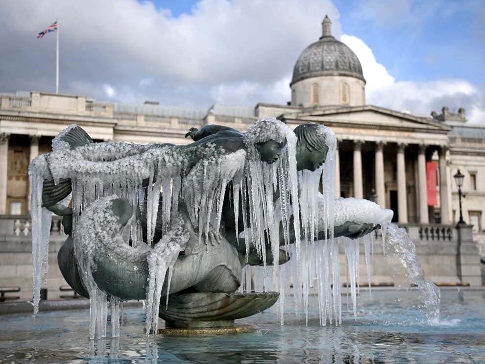 Icicles formed on the fountains of Trafalgar Square in London in the big freeze