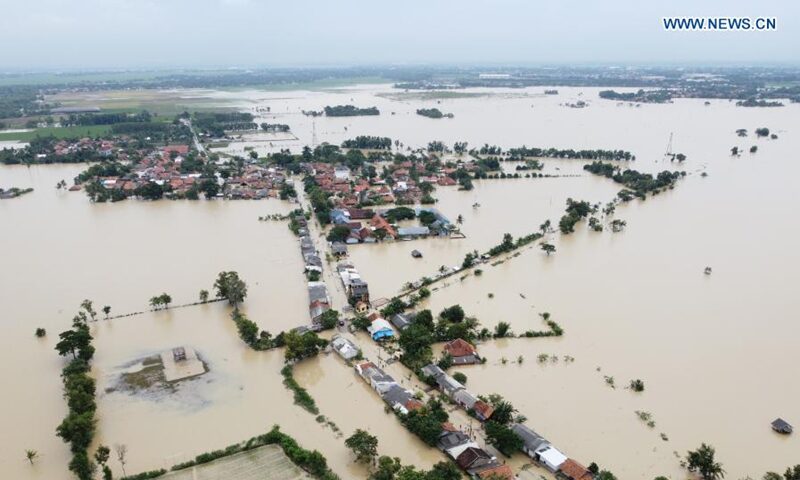 Aerial photo taken on Feb. 10, 2021 shows the view of paddy fields submerged by floods in Karawang