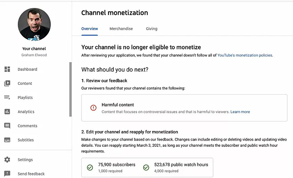 Click to enlarge Graham Elwood YouTube stats demonitized