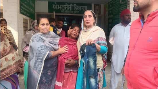 The family and relatives of the victim, Ravnee at a Sangrur hospital. The gruesome incident occurred near a dump yard for dead animals, locally known as ‘hadda rodi’.