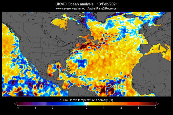 warmer Gulf Stream area is reaching down with depth.