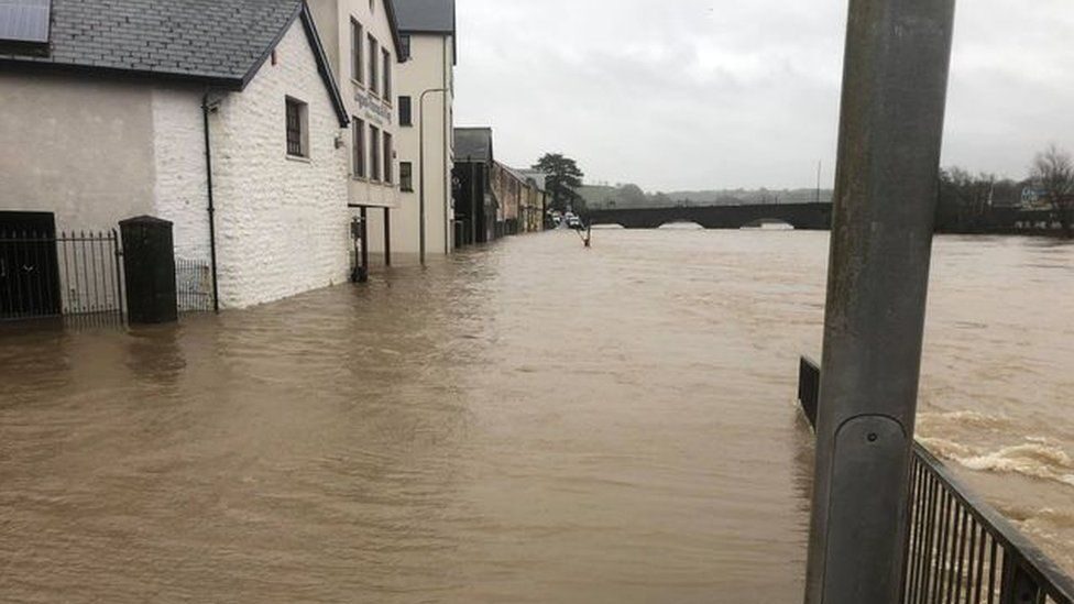 The River Towy burst its banks in Carmarthen on Saturday