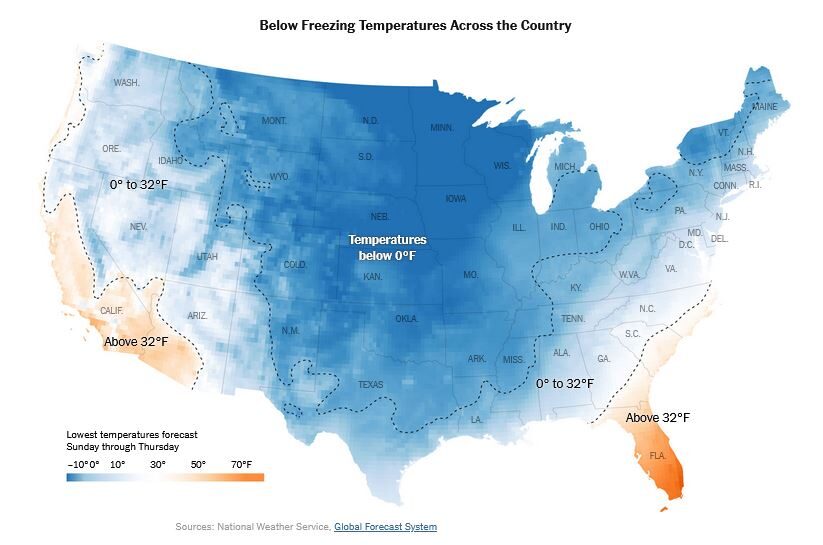 US temperatures below freezing February 2021