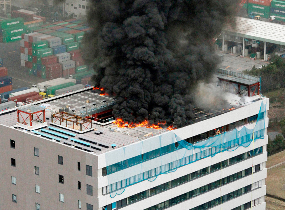 An office building burns
