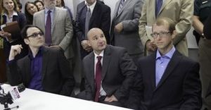 Click to enlarge Damien Echols, left, Jessie Misskelley, Jr., center, and Jason Baldwin at a news conference in Jonesboro, Ark