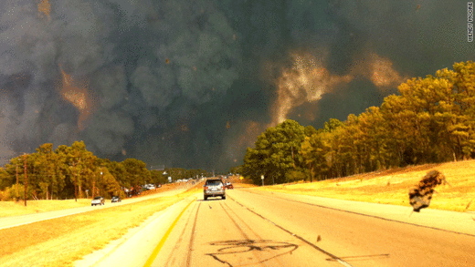 The largest of the fires whipping through central Texas is in Bastrop County, shown here on Sunday