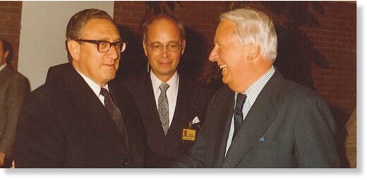 Henry Kissinger and his former pupil, Klaus Schwab, welcome former- UK PM Ted Heath at the 1980 WEF annual meeting.