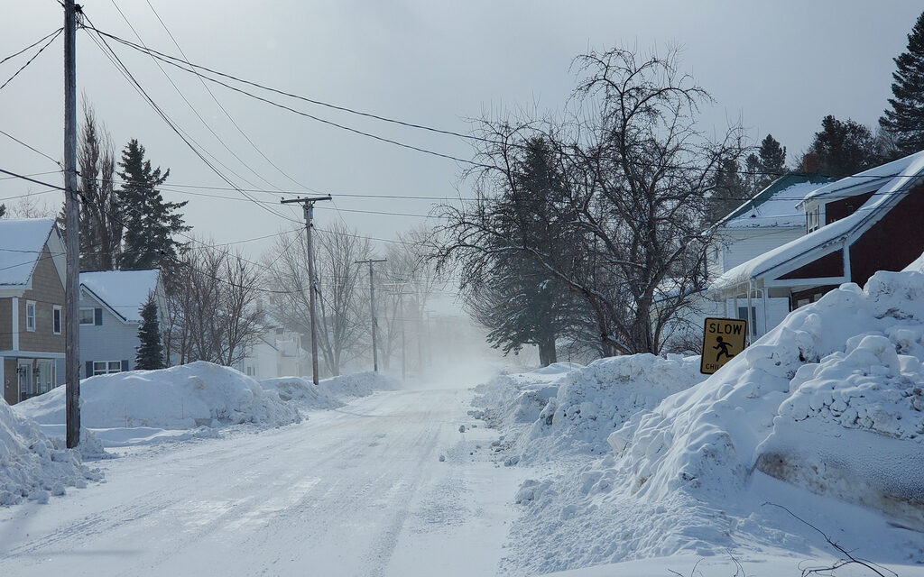 Gusty winds on Tuesday blow across Turner Street in Presque Isle.