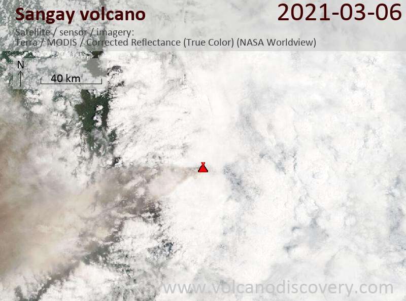 Satellite image of Sangay volcano on 6 Mar 2021