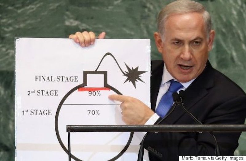 Click to enlarge Netanyahu points to a drawing of a bomb