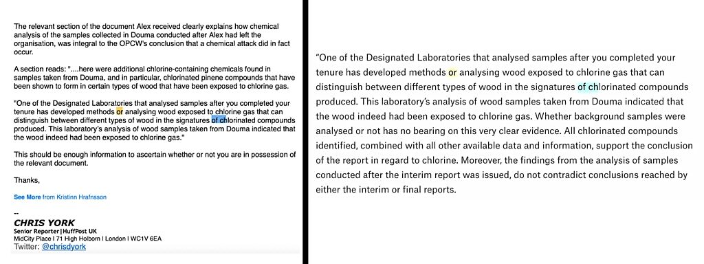 Click to enlarge HUffpost email OPCW bellingcat