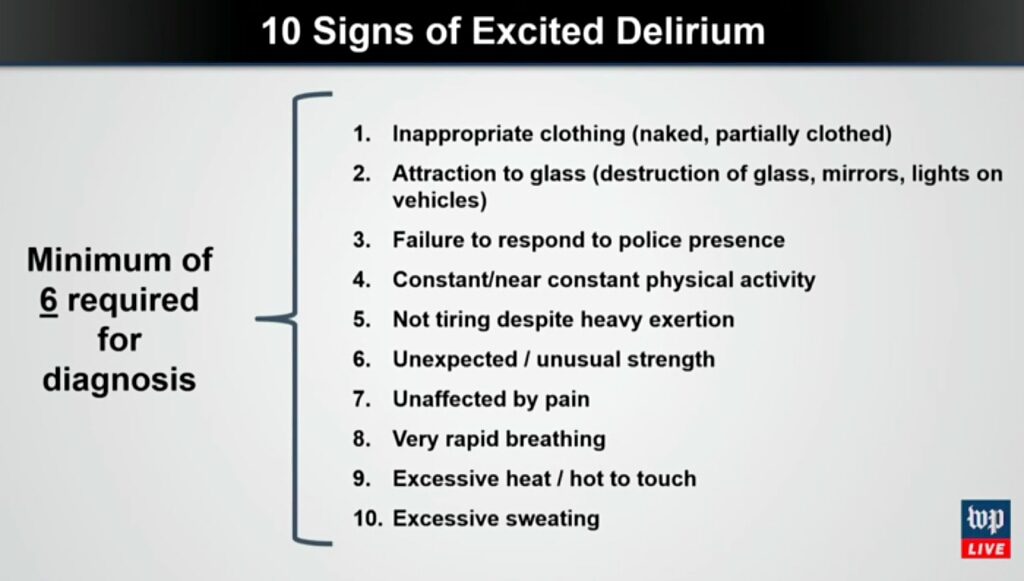 Click to enlarge excited delirium symptom markers