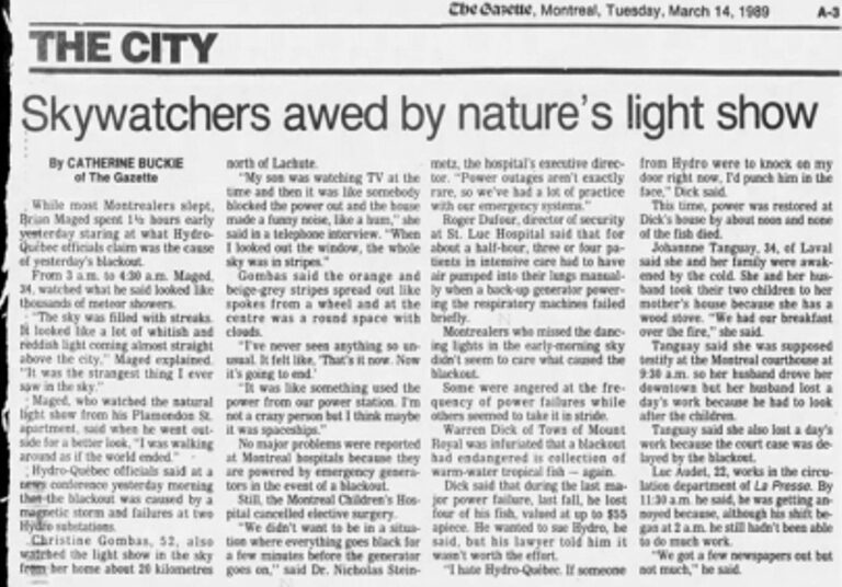 report of the Great Quebec Blackout in Montreal's newspaper, the Gazette