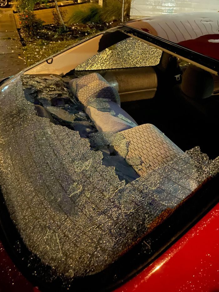 Click to enlarge Huge hailstones were part of severe storms that moved through Orange Beach, Alabama, during the early hours of April 10, 2021. Some shattered windshields, dented cars or otherwise damaged vehicles.