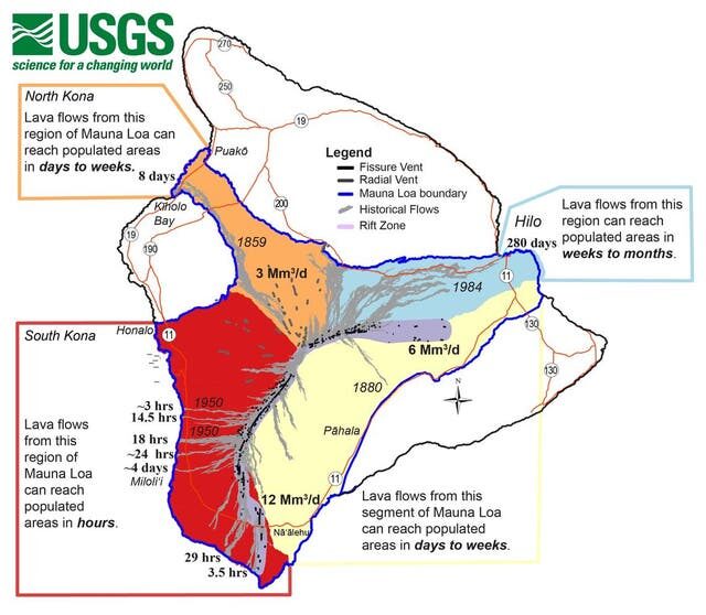 Click to enlarge A lava flow map of Mauna Loa on Hawaii’s Big Island