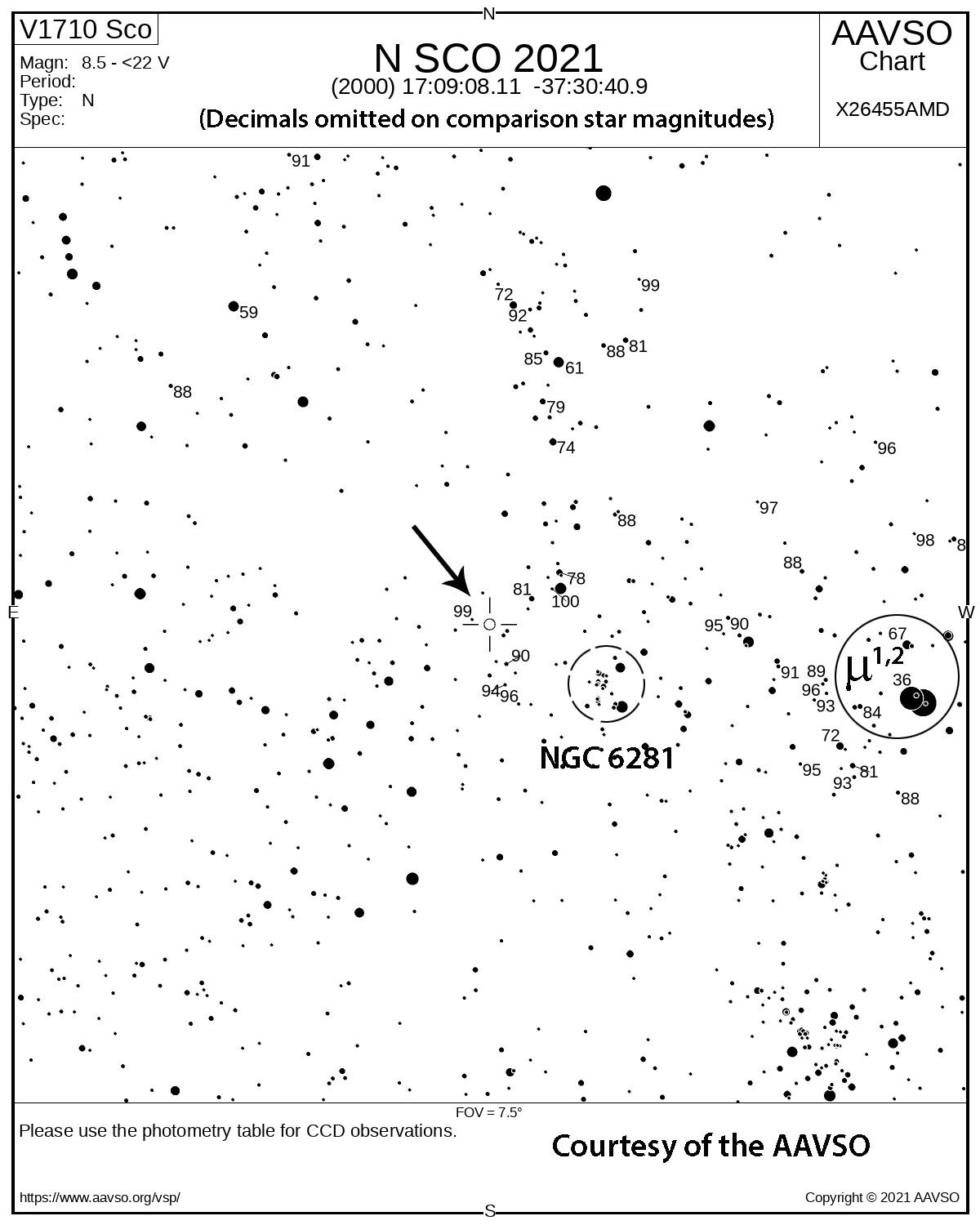 Map showing location of Nova Sco 2021 on the sky