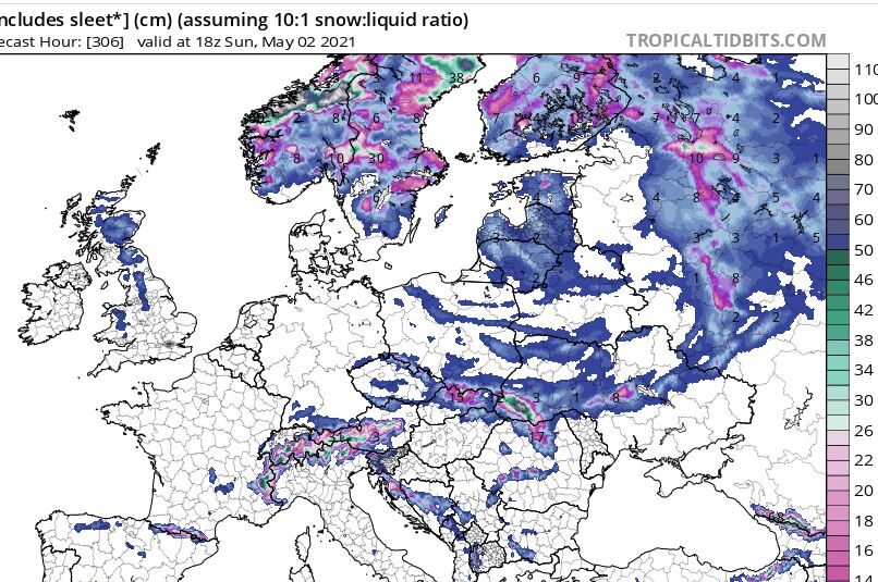 Click to enlarge GFS Total Snowfall (cm) for April 28