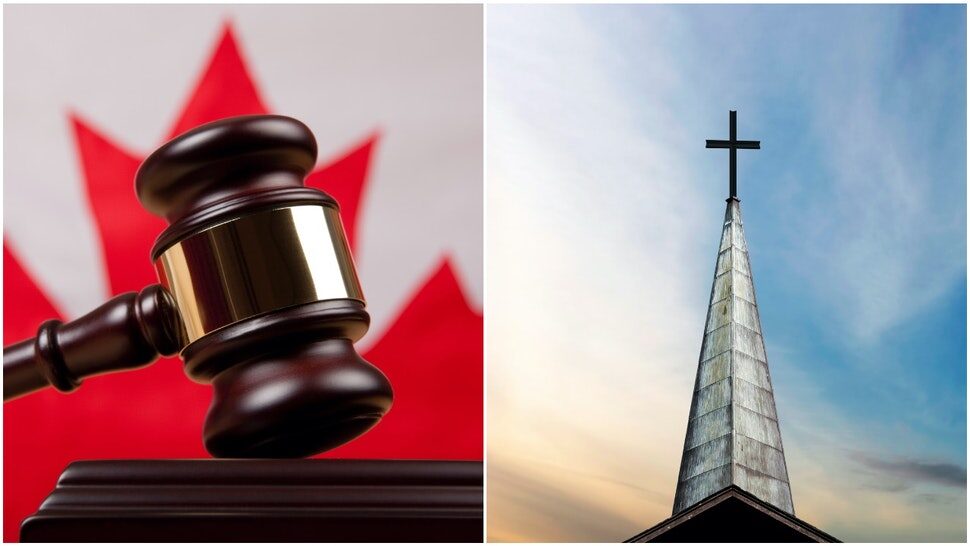 Canadian flag, judge gavel, church spire