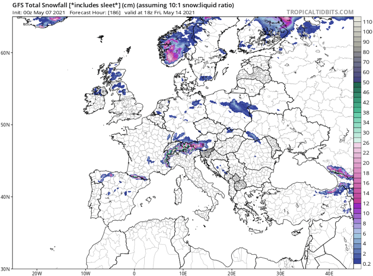 GFS Total Snowfall (inches) May 7 – May 14