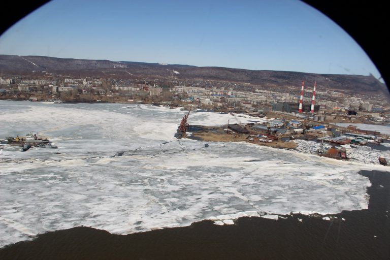 Click to enlarge Ice jams and snow melt caused the Amur River to rise in Khabarovsk, Russia, May 2021