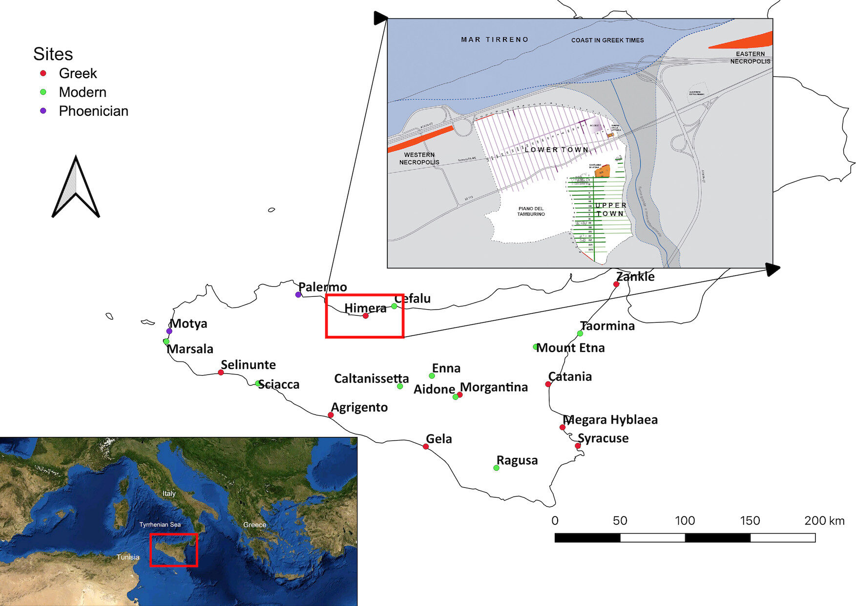 Click to enlarge Map of Sicily showing Greek and Phoenician colonies in the 5th century in the context of modern towns.