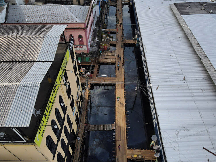 Click to enlarge An aerial view of a street flooded by water