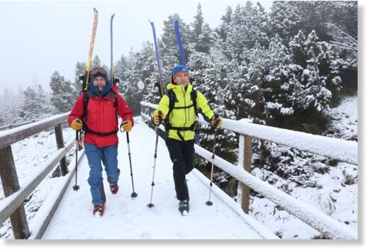 Nick and Patrick Matheson, from Northumbria, went skiing at Cairngorm mountain, where fresh snow fell yesterday.