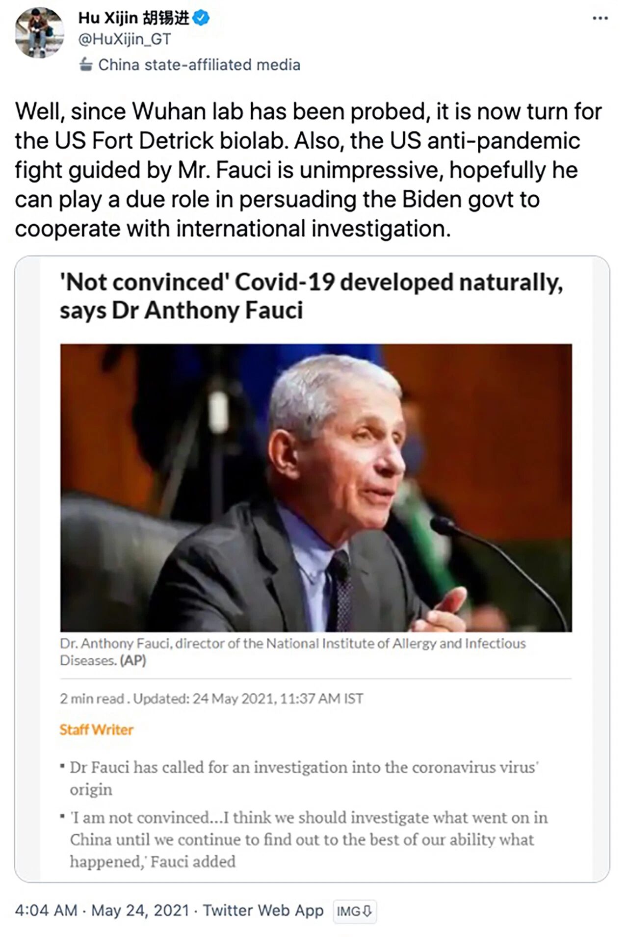 chinese media tweet fauci